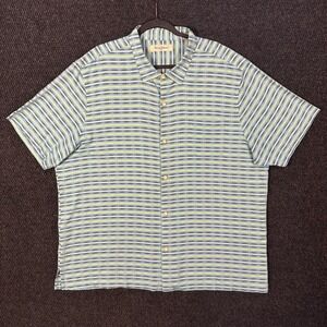 Tommy Bahama Silk Blend Striped Shirt Mens 3XL Blue Yellow Short Sleeve Vacation